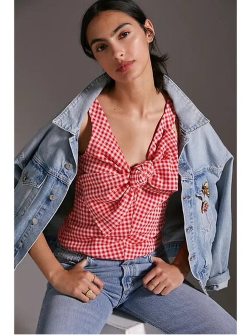 Eva Franco Red and White Gingham Knot Front Camisole